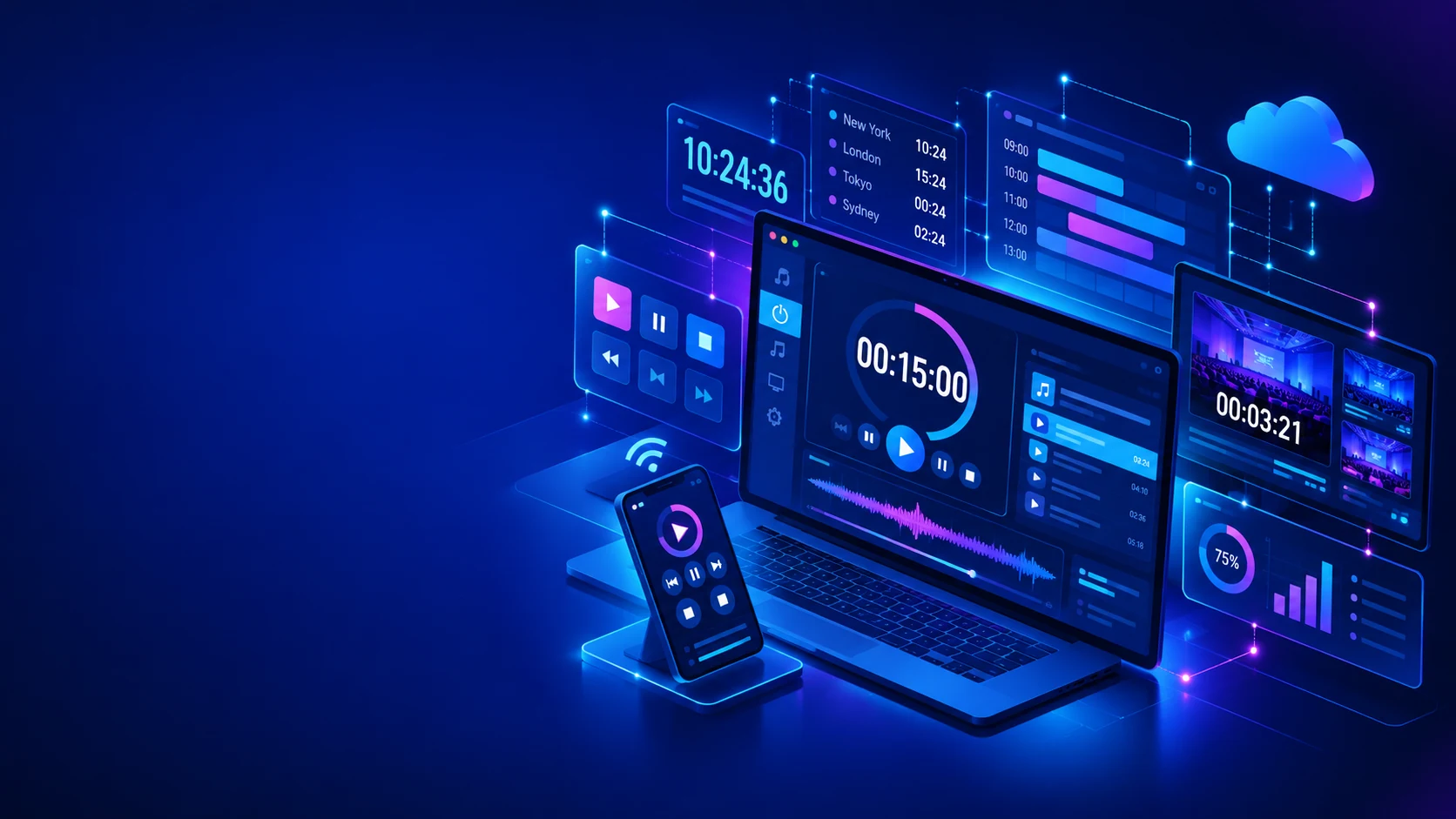 Neon illustration of professional media control interfaces